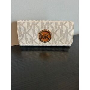 Michael Kors Signature MK Monogram Wallet Cream Brown Snap Closure